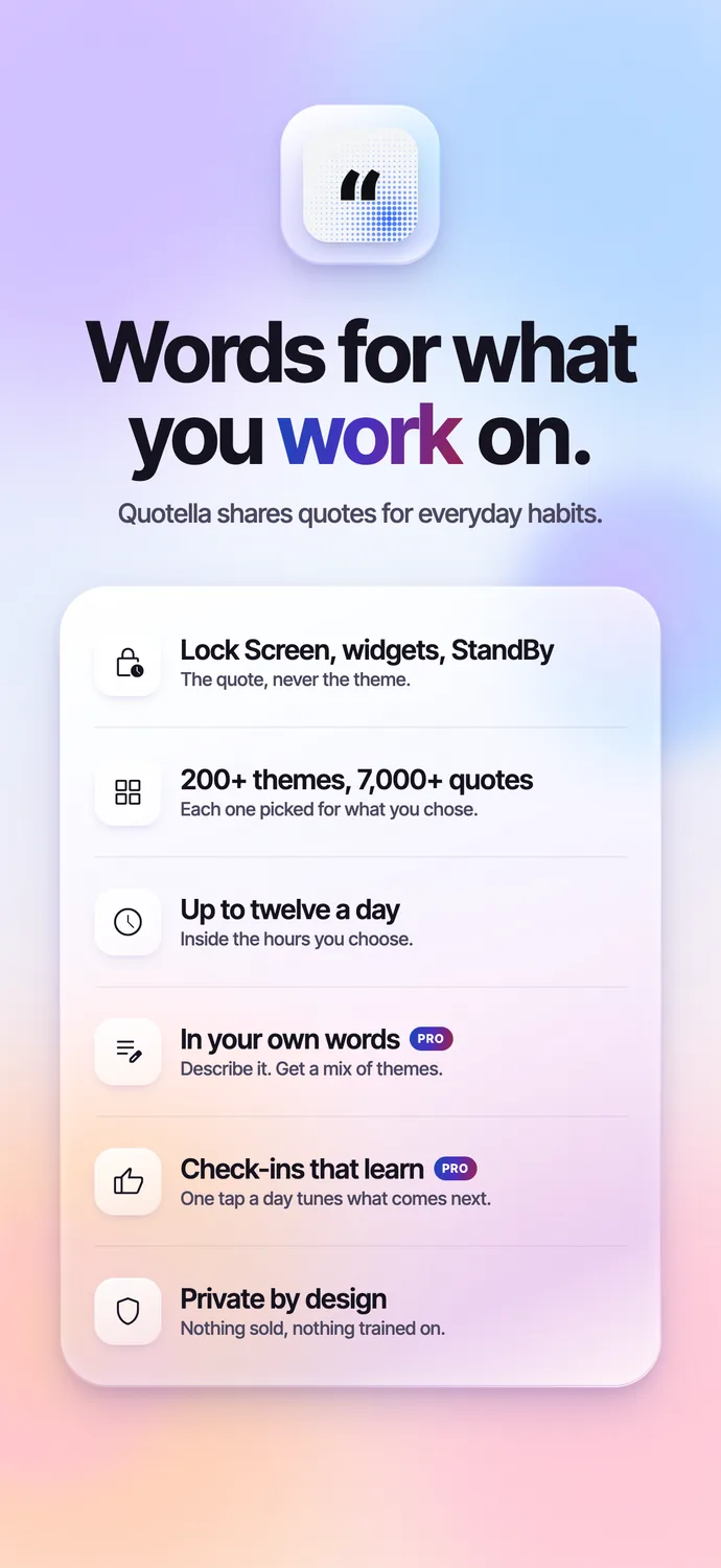 “Words for what you work on.” A summary of Quotella’s features, ending with Private by design: nothing sold, nothing trained on.