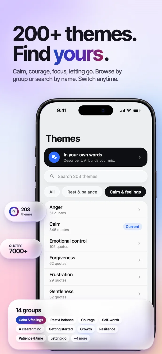 “200+ themes. Find yours.” The Themes screen lists 203 themes in 14 groups, with In your own words at the top.