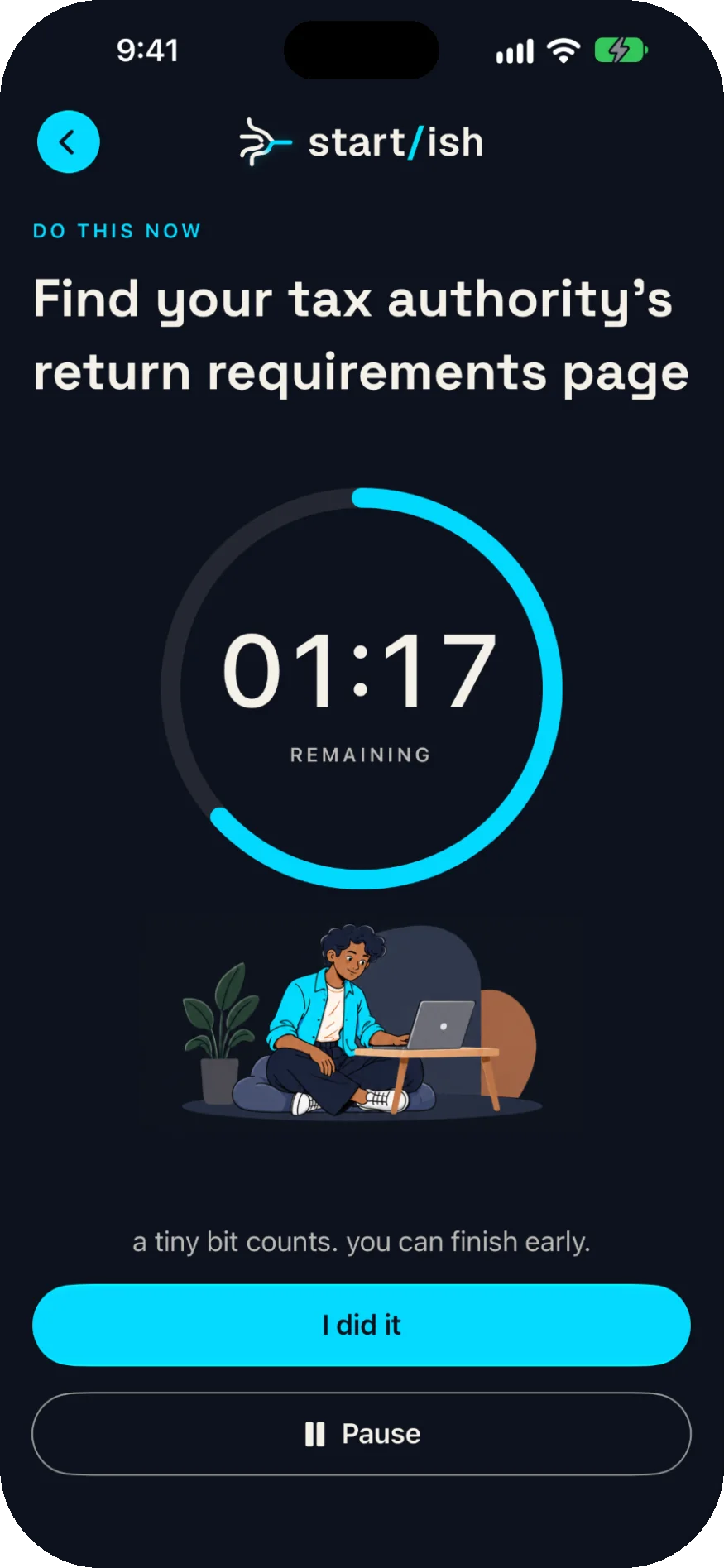 Two-minute timer at 01:17 remaining for the step, with I did it and Pause buttons.
