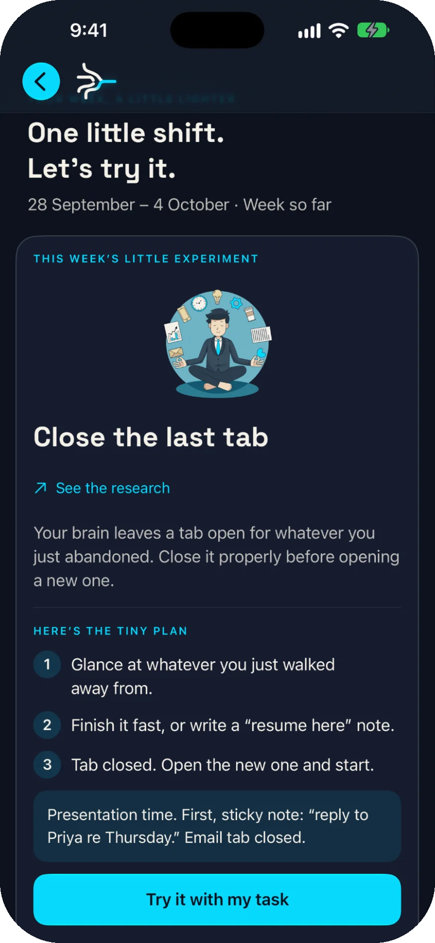 Weekly experiment: “Close the last tab,” with a link to the research and a three-step tiny plan.